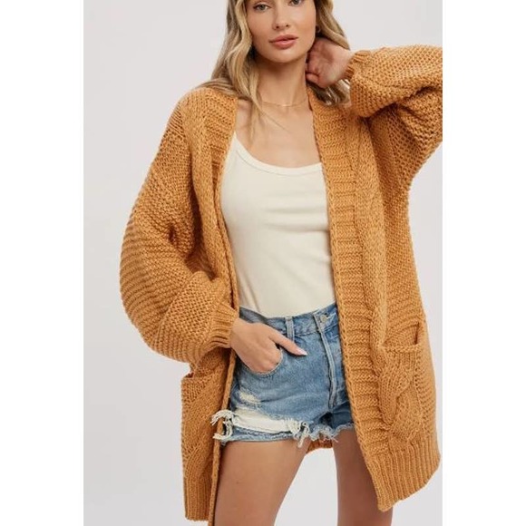 Camel Tan Chunky Cable Slouchy Lantern Sleeve Wrap Cardigan - Picture 2 of 5